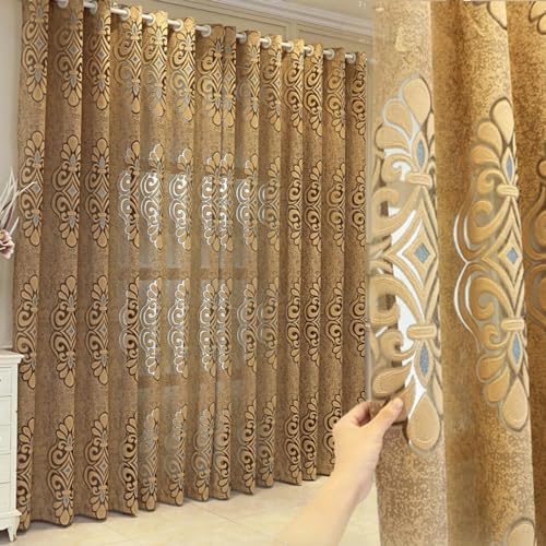 Amidoudou 1 Pair European Jacquard Tulle Curtains Classical Elegant Sheer Curtains for Bedroom Living Room (Coffee,52x96 Inch)