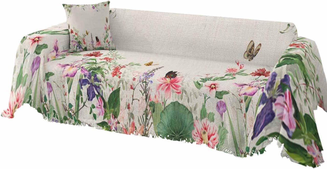 Spring Floral Cover Couch Covers for 3-4 Cushion Couch Throw Couch Cover with Tassel Soft Slipcover Vintage Butterfly Flowers Leaf Texture on Burlap Couch Furniture Protector for Dog Pet 71