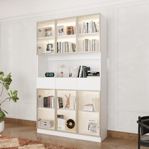 Homsee Bookcase Bookshelf with Storage Shelves, Drawers, 6 Glass Doors & LED Lights, Wooden Display Storage Cabinet with Hutch for Home Office, Living Room, White (47.2”W x 14.2”D x 78.7”H)