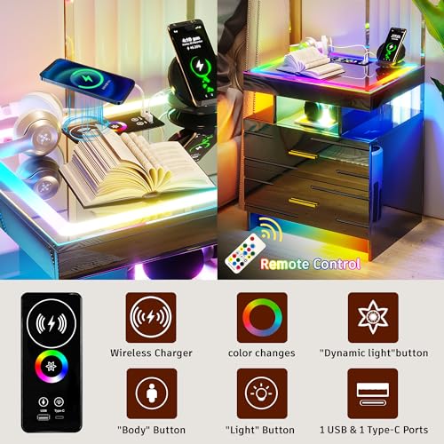 LED Nightstand Set of 2, Modern Night Stand with Wireless Charging Station, High Gloss Bedside Tables with 3 Drawers, Smart End Table with Motion Sensor Light (White, 2PCS)