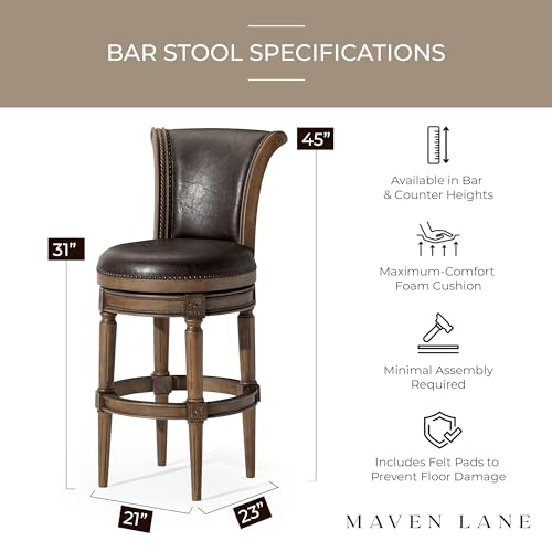 Maven Lane Pullman 31 Inch Tall Bar Height Upholstered Barstool with Back in Walnut Finish with Marksman Saddle Vegan Leather Cushion Seat, Set of 3
