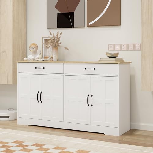 Sideboard Buffet Cabinet with Storage, White Cabinet with 4 Doors & 2 Drawers, Textured Carved Doors, Anti-Tip Design, Multipurpose Buffet Storage Cabinet for Kitchen, Dining Room, Living Room