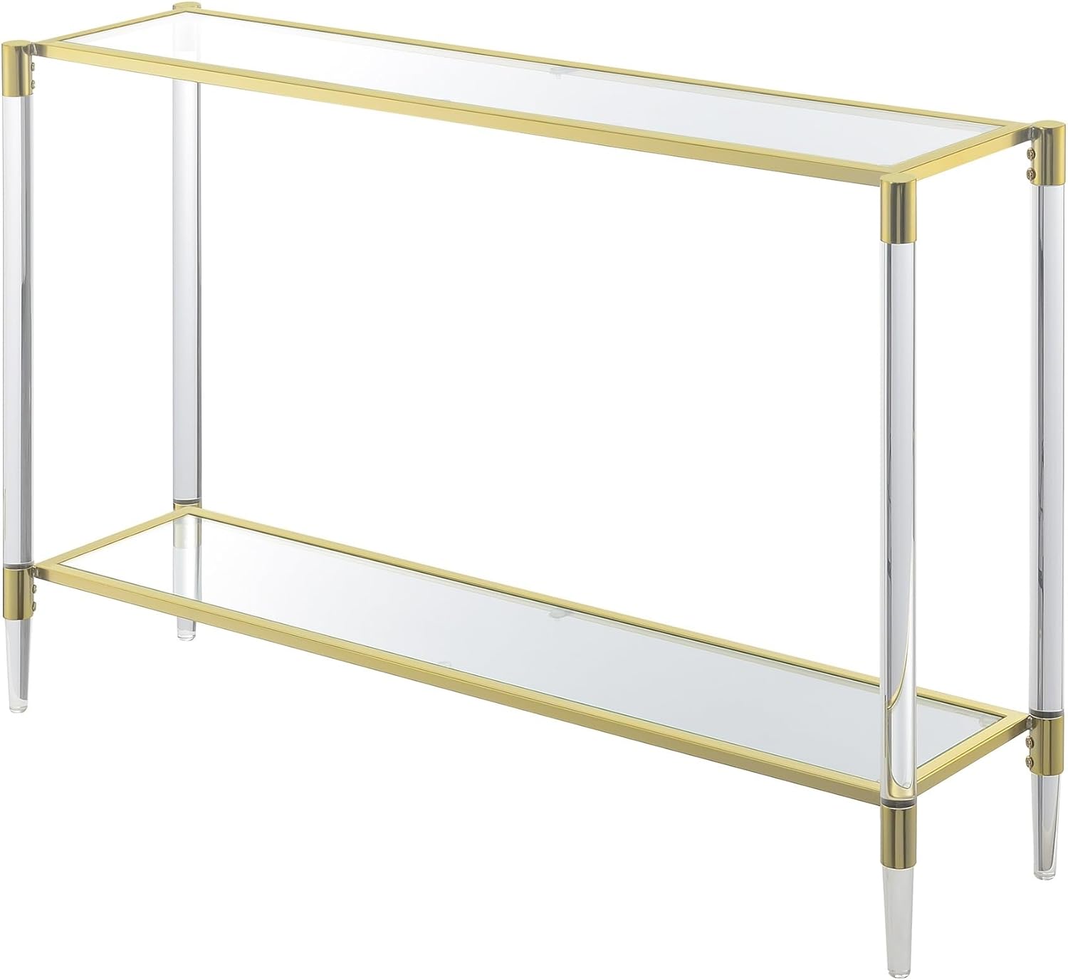 Yadlio Royal Crest 2 Tier Acrylic Glass Console Table - Contemporary Style, Clear Tempered Glass Shelves, Acrylic Legs & Gold Chrome Frames - Luxurious Addition for Home Decor