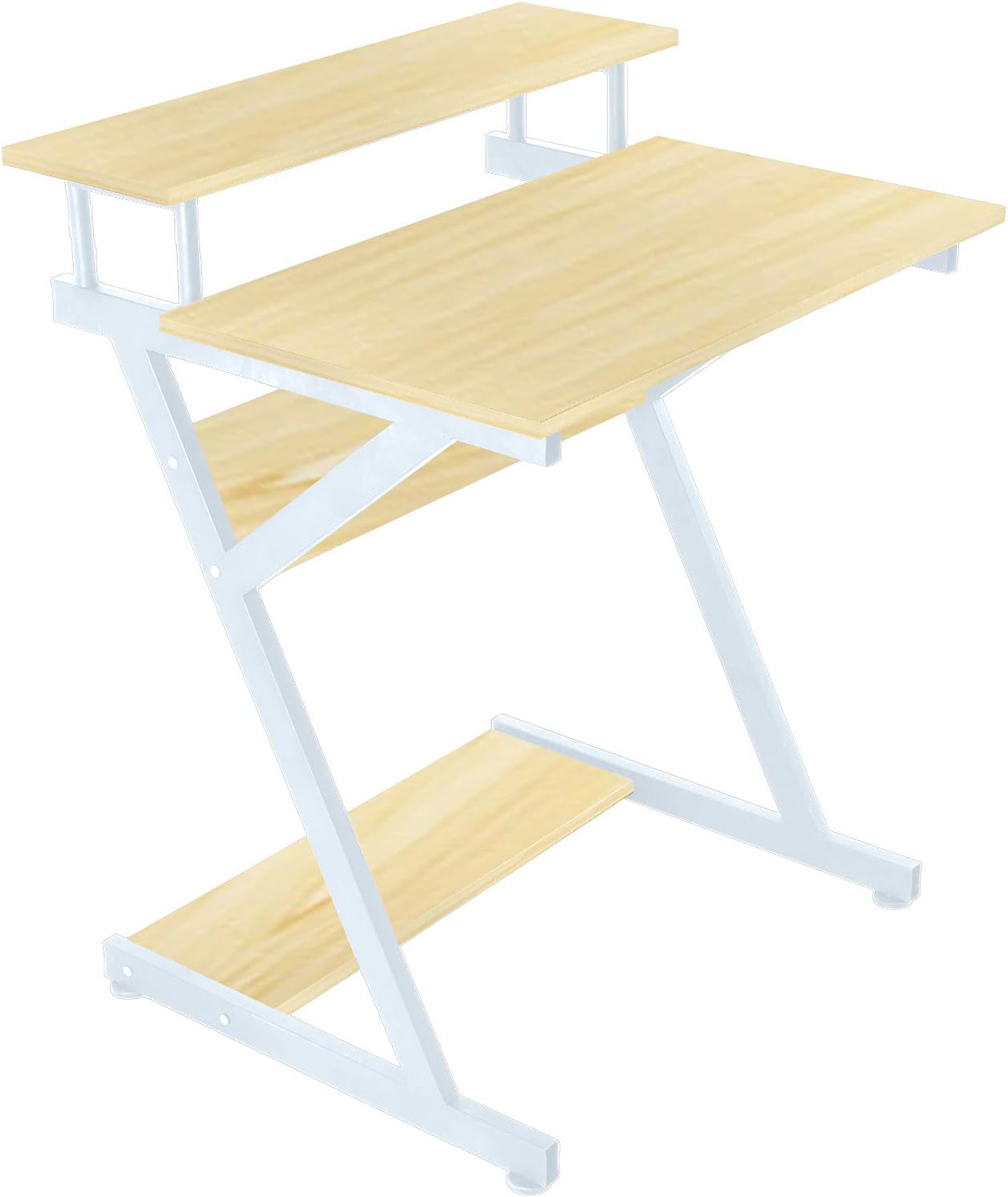 Unique Z-Shaped Computer Desk with Monitor Shelf & Bottom Storage Shelves, Desk for Small Spaces,