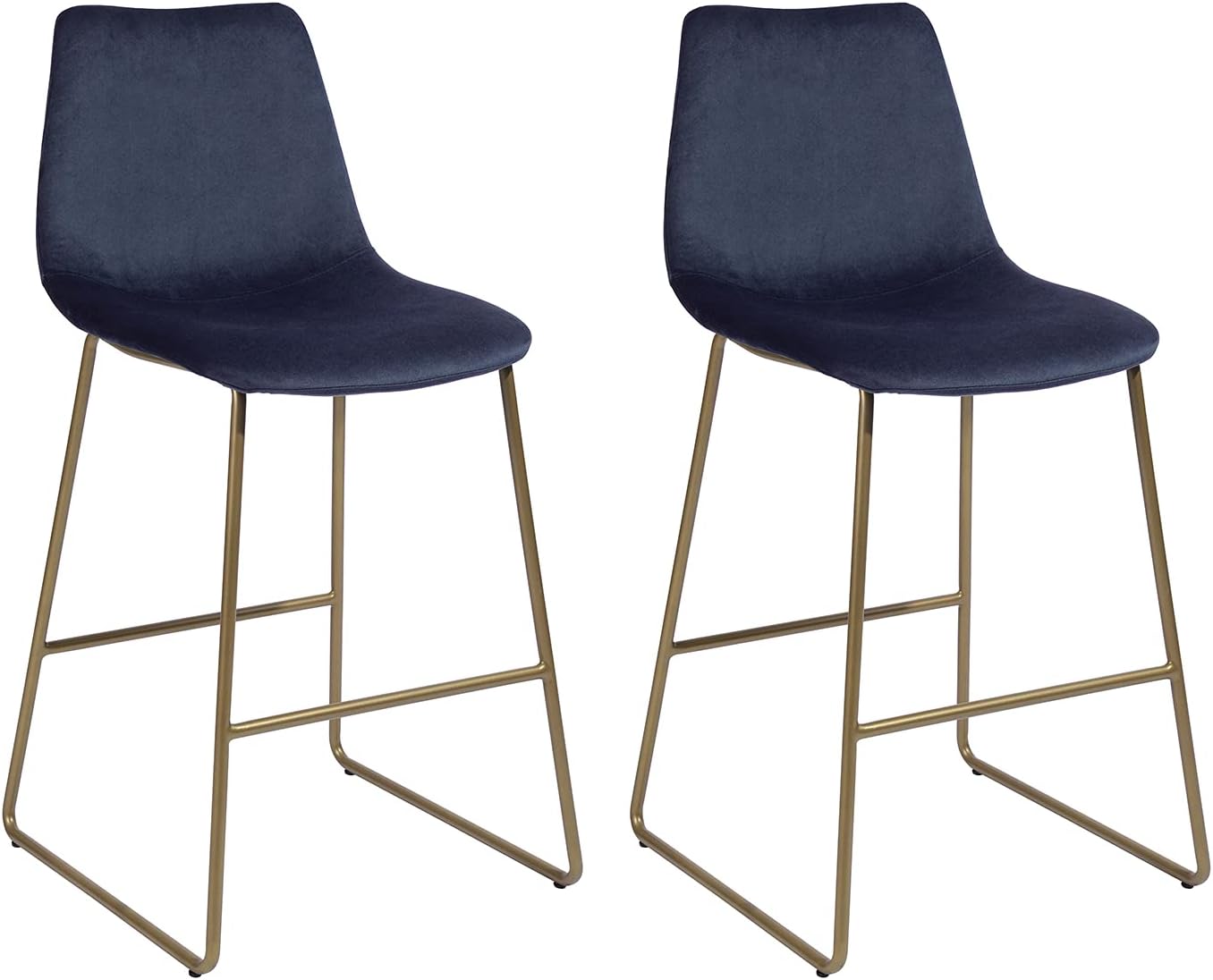 FurnitureR Set of 2 Modern 26.4 INCH Counter Height Bar Stools Counter Stool Mid-Back Velvet Seat with Golden Metal Frame for Dining Room Kitchen Home Bar Furniture,Blue
