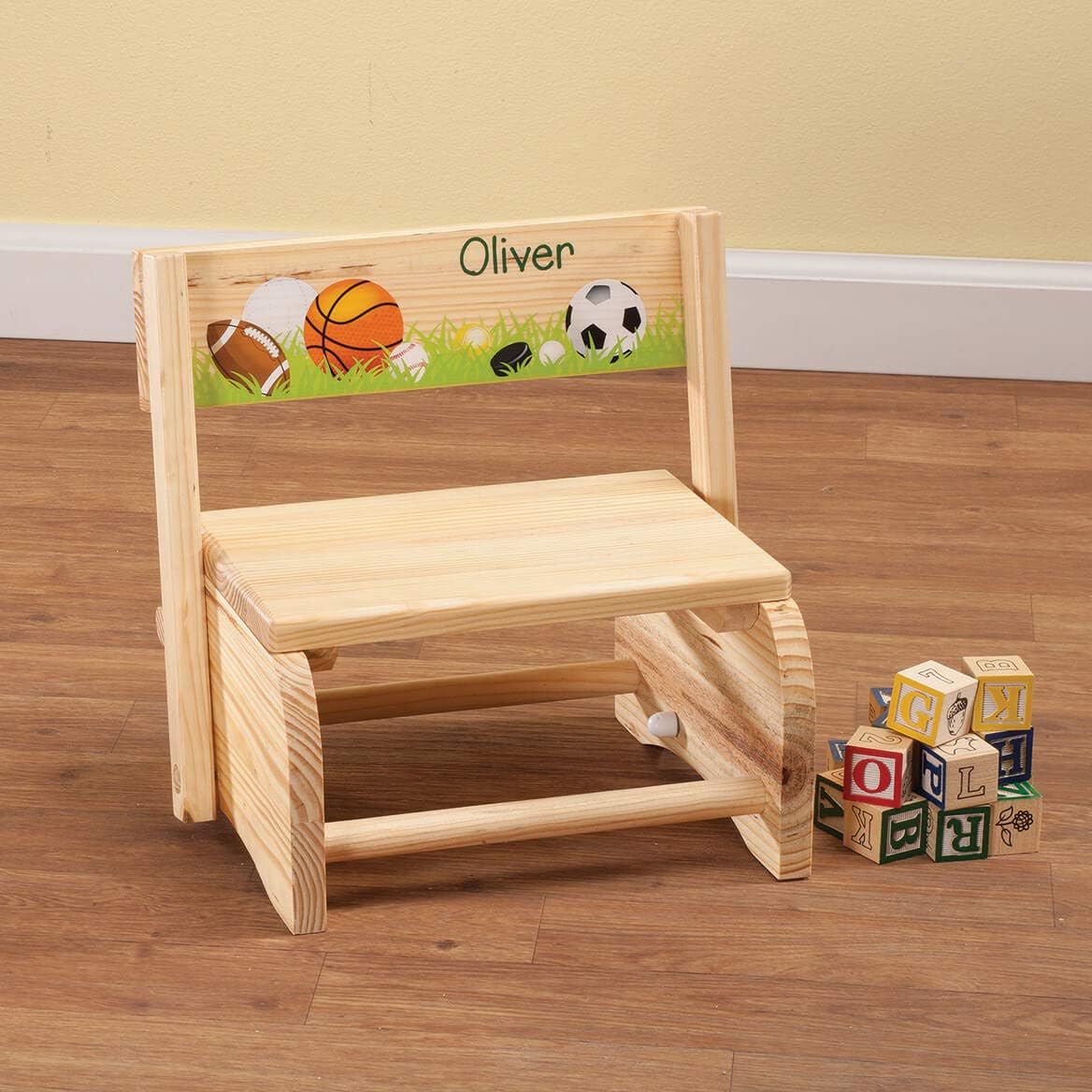Personalized 2-in-1 Children's Step Stool and Chair, Customized with Kid’s Name, Sports Design