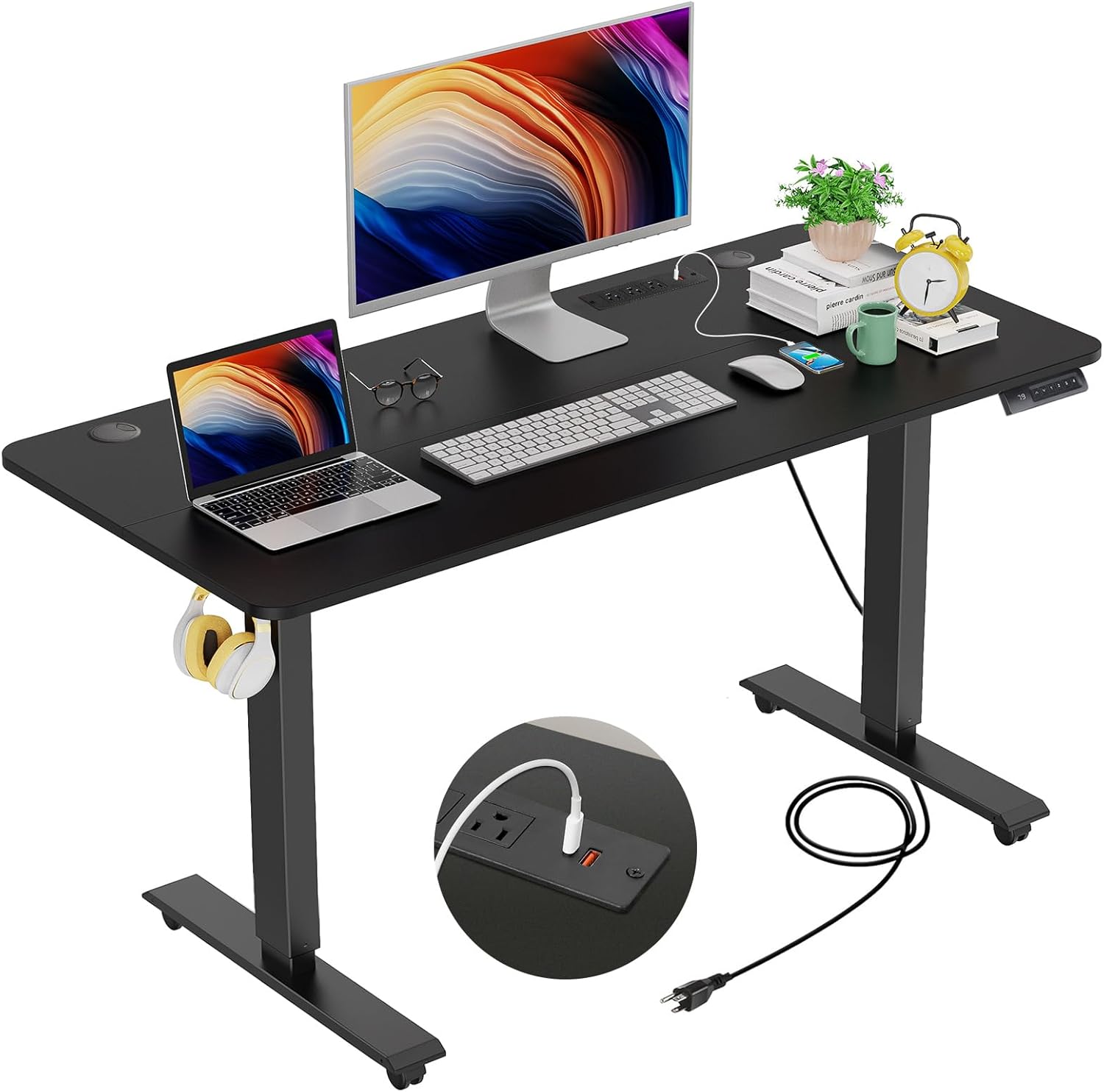 farexon 48 x 24 inch Standing Desk Electric Adjustable Height with Charging Station, Stand up Desk with Ergonomic Workstation, 4 Preset Heights Easy to Set(Black)