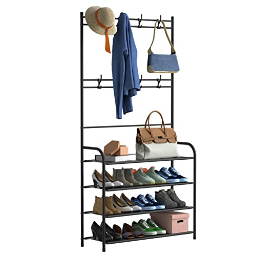 Coat and Shoe Rack, Metal Freestanding Coat Rack Entryway Organizer Hall Tree with Shoe Storage Shelves 8 Hooks for Hallway Living Room Bedroom Office Easy to Assemble,Super Stable (5-Tier)