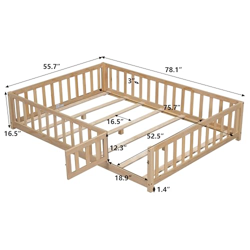 Full Size Wooden Floor Platform Bed for Toddlers, with Fence, Door and Support Slats, Montessori Floor Bed Frame, for Kids, Teens, Adults, Easy Assembly