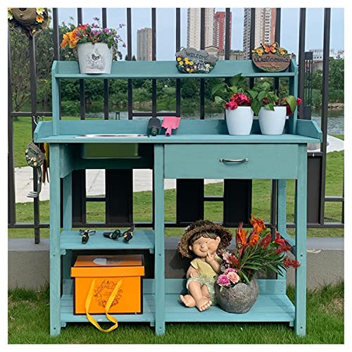 Planting Work Bench with Removable Sink with Storage Shelves and Drawer Gardening Bench Potting Table YCDJCS (Color : Blue, Size : 117x45x121cm)