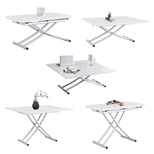 Multifunction Convertible Table with 0.8” Wooden Tabletop and Sturdy Cross Metal Legs, Lift Top Coffee Table Converts to Dining Table, Dressing Table or Office Table (White)