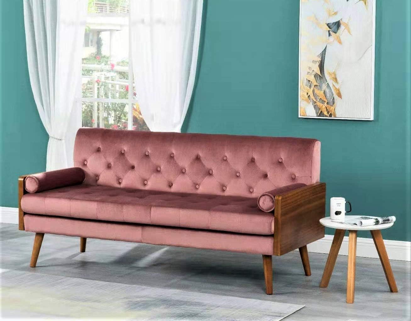 US Pride Furniture AS5666 Albert Mid-Century Retro Modern Velet Sofa with Wood Square Arm, Rose