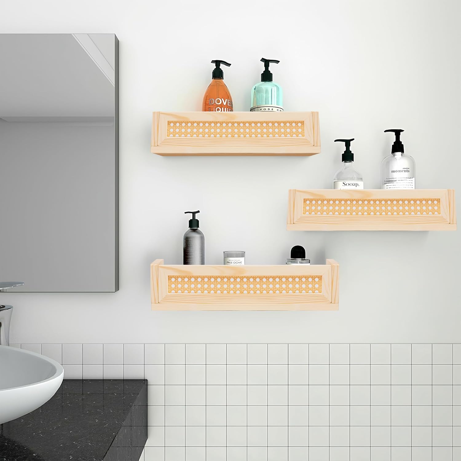 Defined Deco 16” Rattan Shelf Set of 3 for Wall Decor, Boho Rattan Bookshelves Wood Hanging Floating Shelves for Kids Room, Baby Bookcase for Nursery, Hanging Bookshelves for Playroom, Bedroom Decor