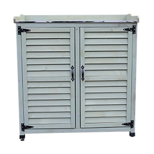 Outdoor Potting Bench Table, Outdoor Potting Bench with Metal Top, Outdoor Garden Patio Wooden Storage Cabinet with Adjustable Shelf(Green)