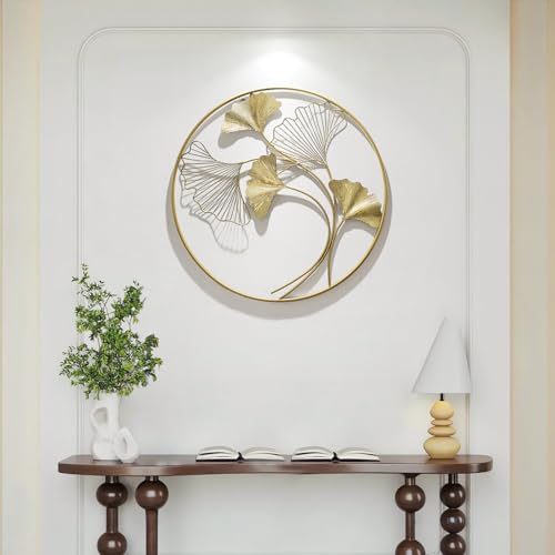 HEBOIX Gold Large Round Metal Wall Decor for Living Room,Modern Leaf Metal Wall Art,Big 3D Wall Sculptures Handmade Home Decoration for Dinning Room/Bedroom/Entryway/Kitchen/Office 31''Lx31''W