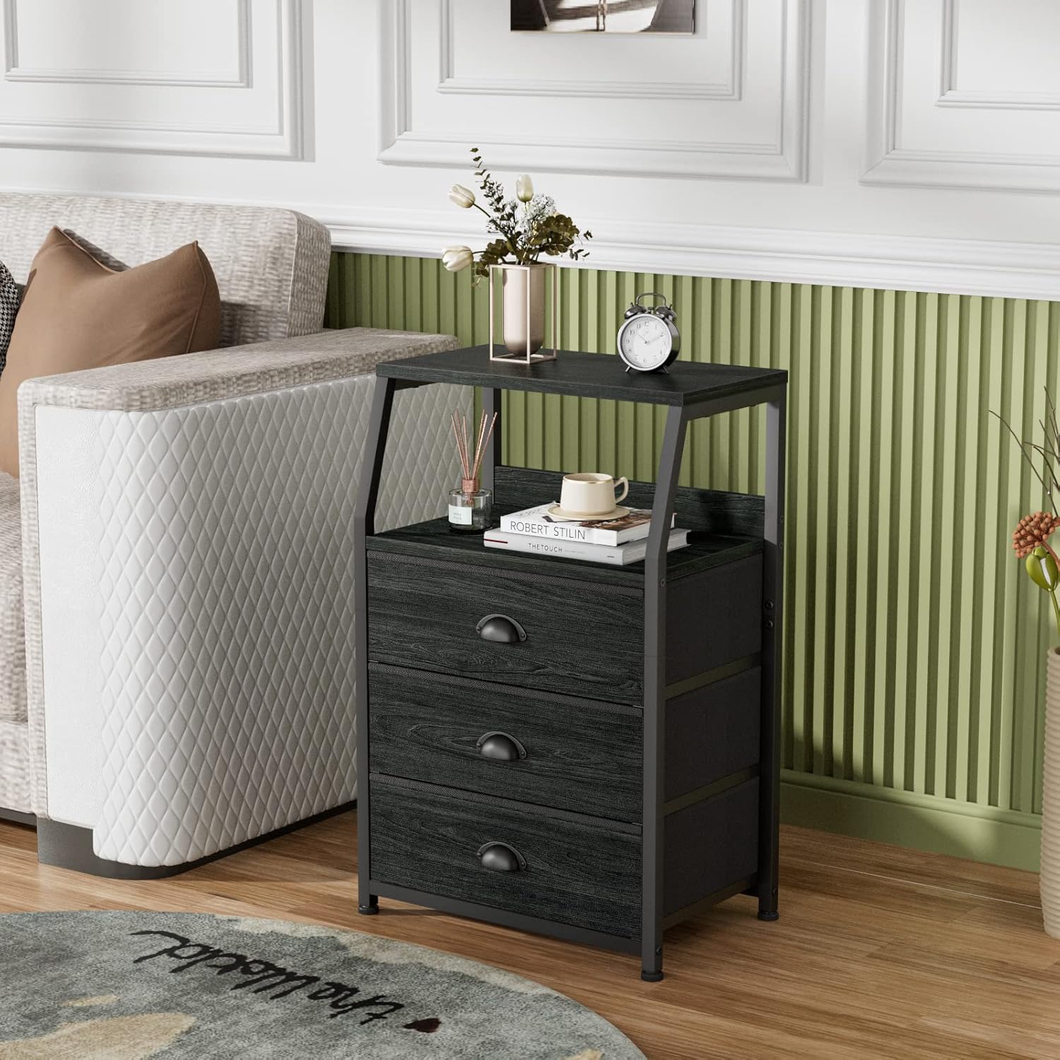 Furnulem Nightstands Set of 2, Small Nightstand with 3 Fabric Storage Drawers and 2-Tier Shelf+Night Stand with Charging Station