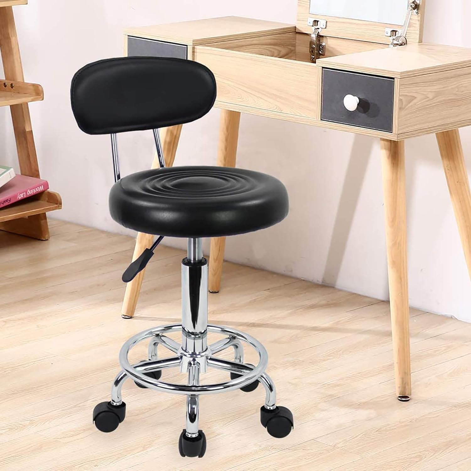 Height Adjustable Rolling Swivel Stool with Extra Thick Seat for Salon, Studio, Tattoo Shop, Barber,dental,heavy Duty Medical Stool with Wheels Round Rolling Stool with Back and Line Black Pu Leather