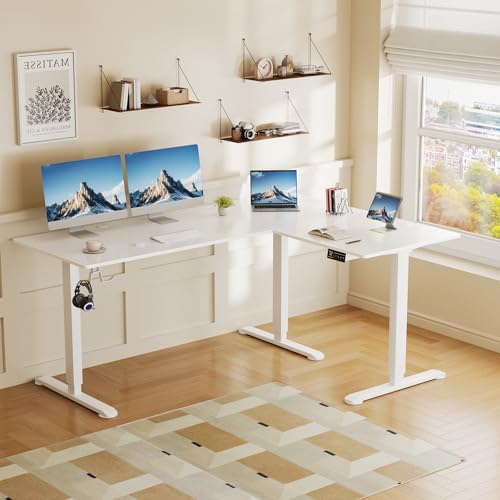 L-Shaped Corner Standing Desk, Electric Height Adjustable Table, Home office Workstation, 63 x 48 Inch, White