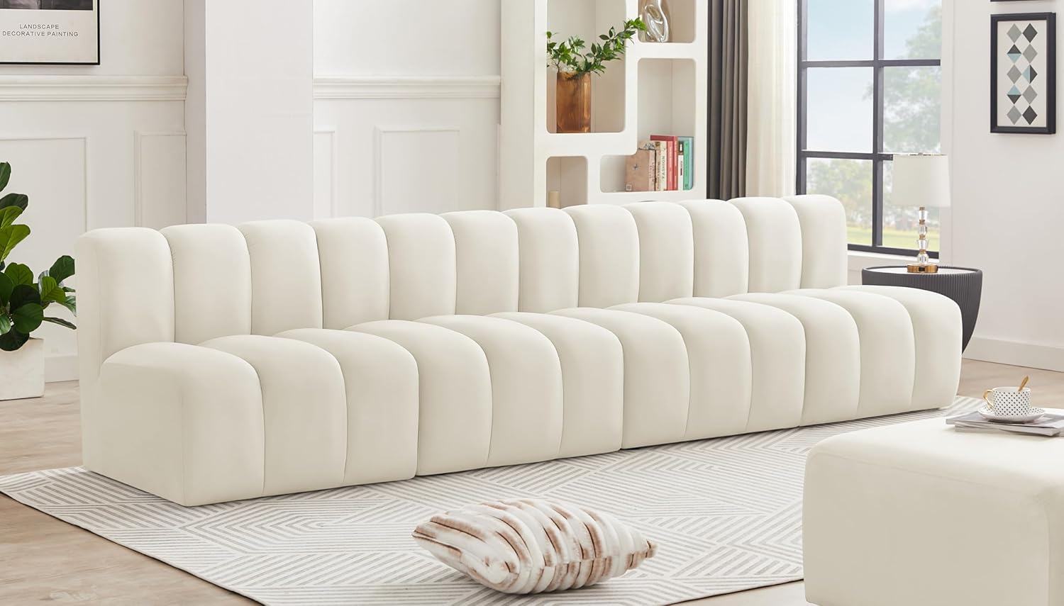 Meridian Furniture Arc Collection Modern | Contemporary Sofa with Soft Velvet, Deep Channel Tufting, Modular Design, 119 W x 31 D x 30 H, Cream