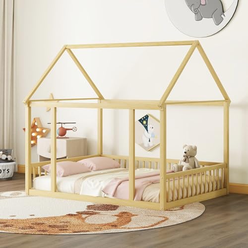 Twin Floor Bed for Kids, Twin Size Montessori Floor Bed with Safety Guardrails and Roof, Wooden House Bed Frame without Slats for Girls Boys, White