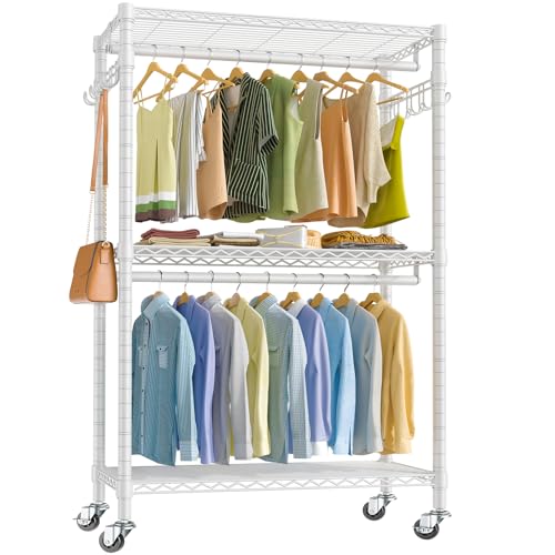 VIPEK V12 Medium Heavy Duty Rolling Garment Rack 3 Tiers Adjustable Clothes Rack with Double Rods & Hooks, Freestanding Wardrobe Closet Storage Rack Metal Clothing Rack for Hanging Clothes, White