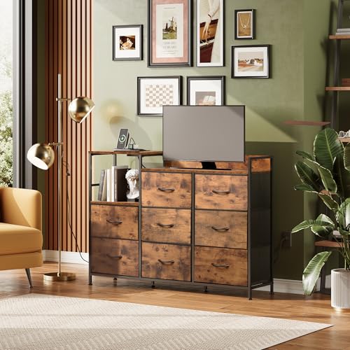 WLIVE Black Dresser TV Stand for Bedroom with Charging Station, Wide Storage Chest of Drawers with 8 Large Fabric Drawers and Open Shelves, Storage Organizer Unit for Closet, Living Room, Hallway