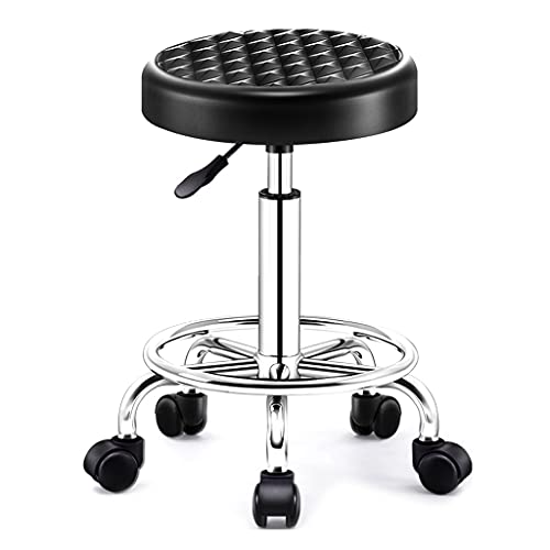 Adjustable Swivel Massage Salon Stool with 5 Wheels/Thicken Sponge Scratch Resistant Seat Chrome Steel PU Leather Bar Stool Shop Stool,Rolling Stool, Tattoo Counter Black（Black）