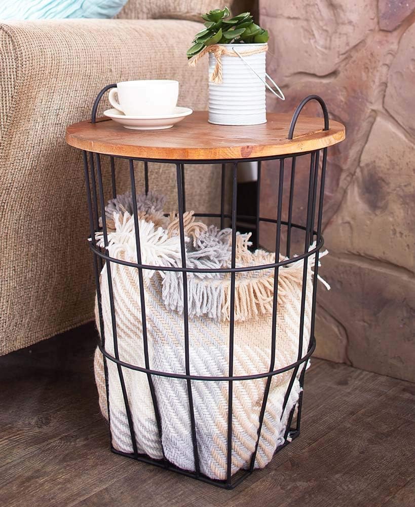 LCI Wood Top Storage Basket Side Table 17