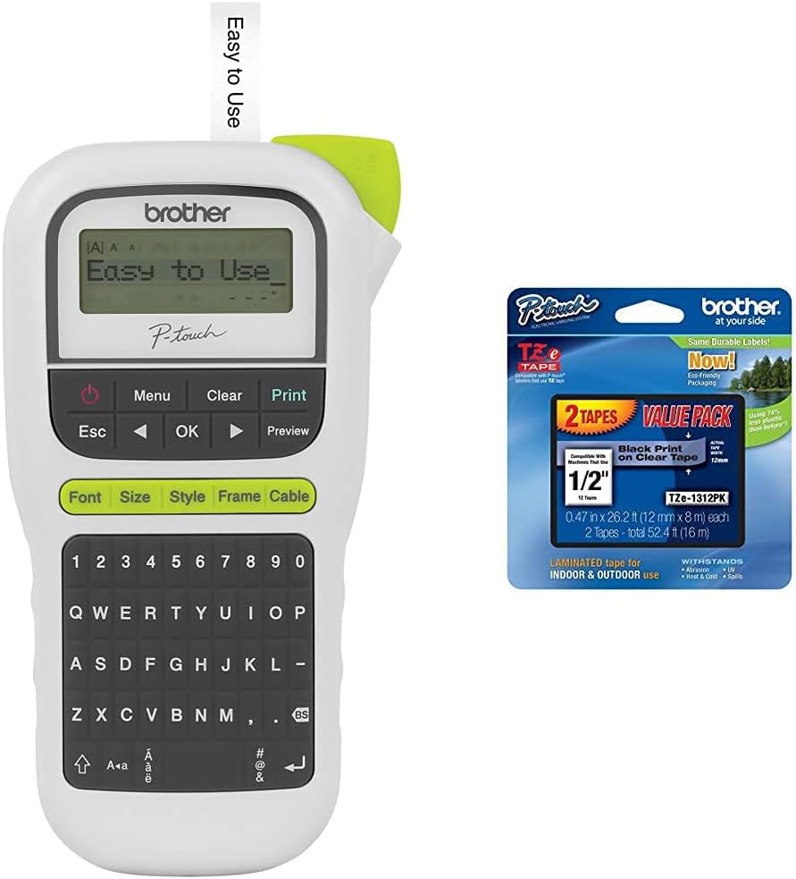 Brother P-Touch, PTH110, Easy Portable Label Maker Genuine P-Touch TZE-1312PK Tape, 1/2
