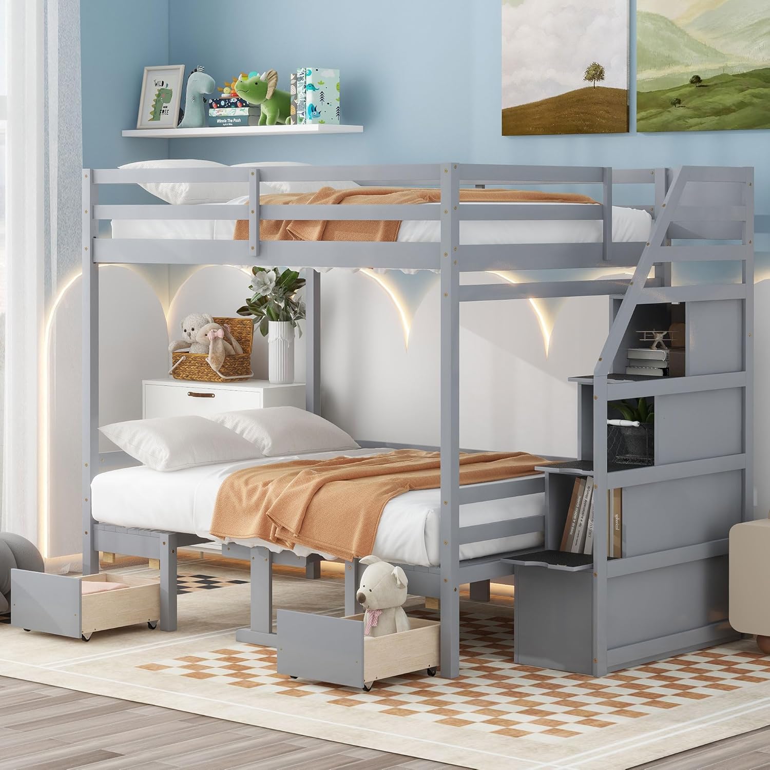 Stairs and Storage Drawers, Size Loft Desk, Wooden Full Bunk Bottom Bed Can Be Convertible to Seats and Table Set for Kids Teens Adults, Gray