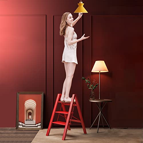 GameGem 4 Step Ladder, Aluminum Folding Step Stool with Anti-Slip Sturdy and Wide Pedal, Lightweight Portable Stepladder for Home and Kitchen Use, Woodgrain, 330 lbs