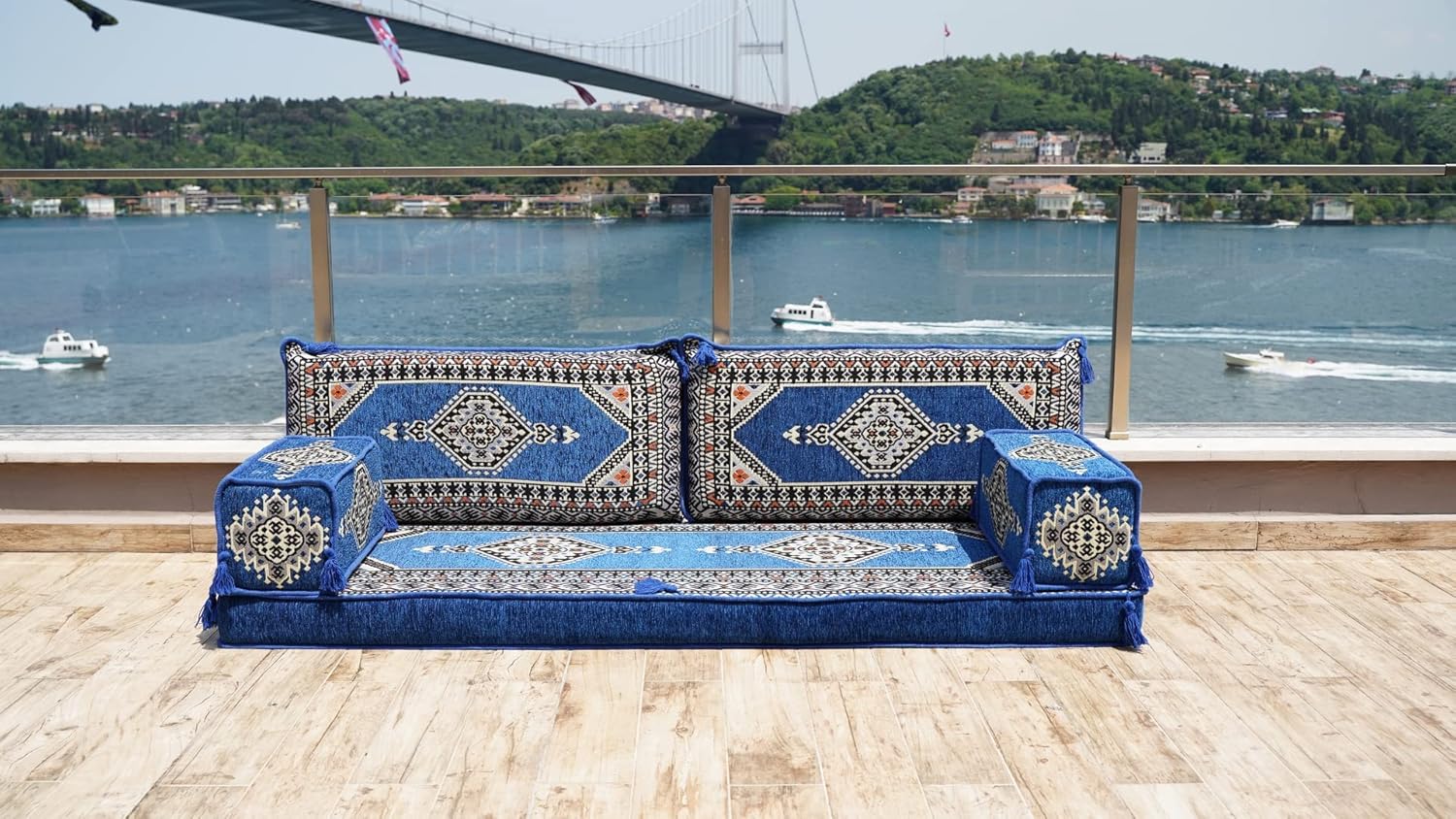 Premium Handmade Royal Blue Floor Sofa Set, Balcony Patio Sofas, Pallet Sofa, Ethnic Sofa, Moroccan Sofas, Sectional Sofas, Sofa Sleeper (4'' Thickness Sofa)
