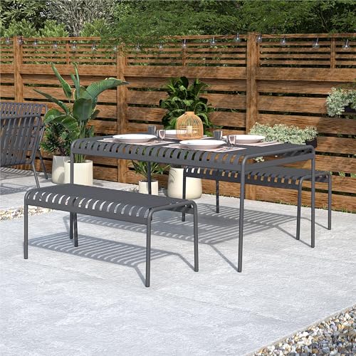 Novogratz Poolside Gossip, Ola All-Steel Table and Bench Set, Charcoal