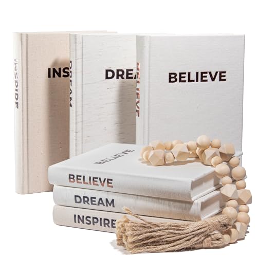 Dabster Guys Decorative Books for Home Decor - Linen Decor Books with Inspirational Design - Shelf Decoration - Blank Pages, Foil-Stamped Cover - with Hemp Rope, Wood Bead Garland - Set of 3 (Black)