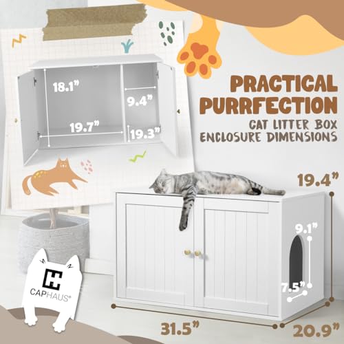 Fencer Wire Cat Litter Box Furniture with Divider, Wooden Indoor Cat House with Double Doors, Flip-top Hidden Cat Washroom Enclosure, Metal Frame Enclosed Cat Boxes, Cabinet for Large Cat, White