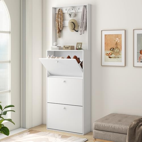 Shoe Storage Cabinet with 3 Flip Drawers, Narrow Shoe Organizer with 9 Hooks Coat Rack, Freestanding Shoe Rack for Entryway,Hallway, Foyer, Bedroom, White