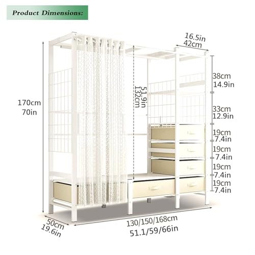 Foldable Clothe Rack with Cover Load 1200lbs Heavy-Duty Portable Wardrobe with 7 Shelves and 4 drawers Freestanding Clothing Coat Storage Rack Garment Rack for Hanging Clothes (White 130cm/51.1in)