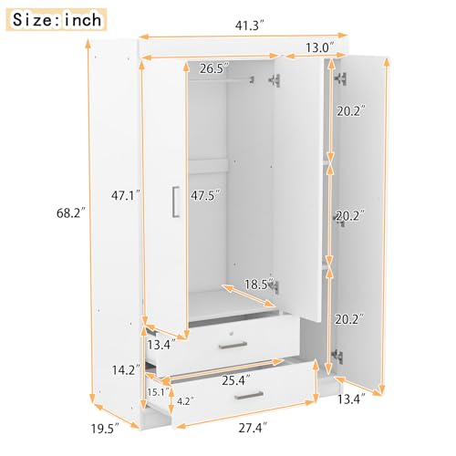 Wood Clothing Organizer Storage Rack, Armoire Wardrobe Bedroom Closet for Bedroom (White, 3-Door Wardrobe with 2 Drawers)