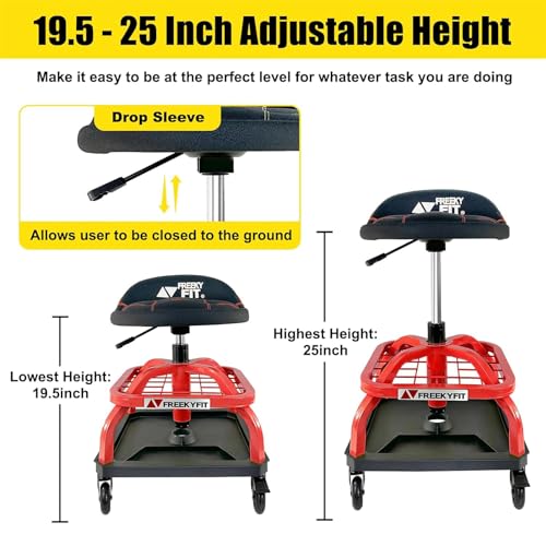 Rolling Shop Stool with Wheels, Garage Work Mechanic Stool with Backrest, Roller Mechanic Chair, Adjustable Height, 360° Swivel, Tool Tray Storage, 330 LBS Capacity, Heavy Duty, Red