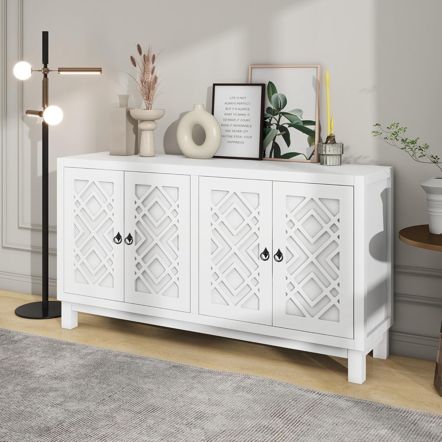 Large Space Multifunctional Buffet Cabinet, with 4 Doors and Adjustable Shelves, Storage Sideboard Console Table, Wood Cupboard with Pull Ring Handles, for Living Dining Room, White