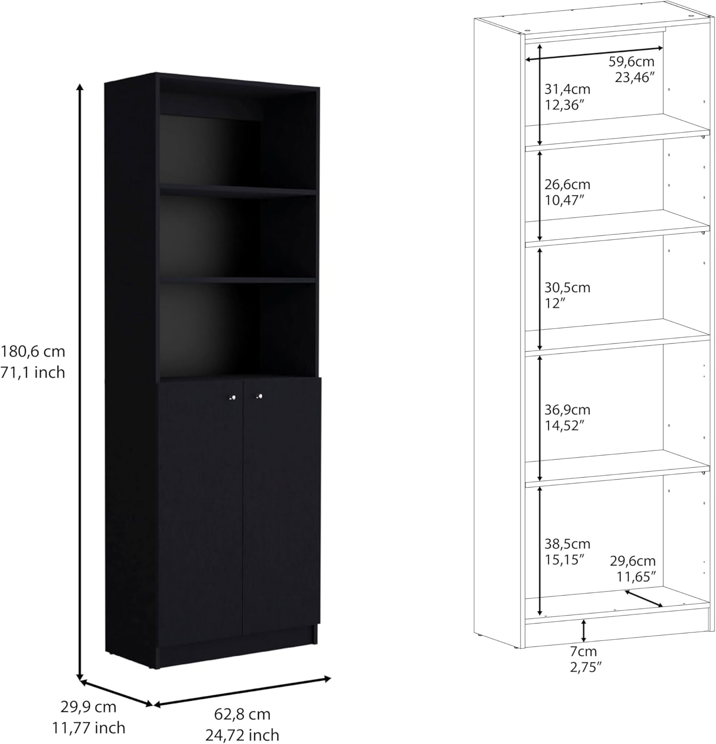 Vinton 2-Door Bookcase with Upper Shelves, Black