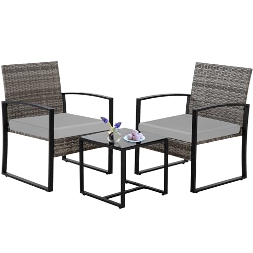 3 Piece Outdoor Patio Bistro Set, All-Weather Wicker Chairs and Table Set of 2, Rattan Balcony Furniture Set for Front Porch Apartment, Brown/Brown