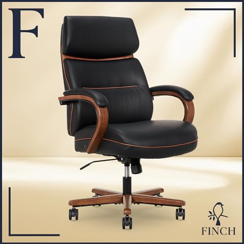 Finch Neo Two Mid Back Office Chair in PU Leather Upholstery, Semi Plush Foam Cushion Seat, Soft Padded Wooden Armrests and Swivel Base, Modern DeskChair with Gentle Ergonomic Contours, Black