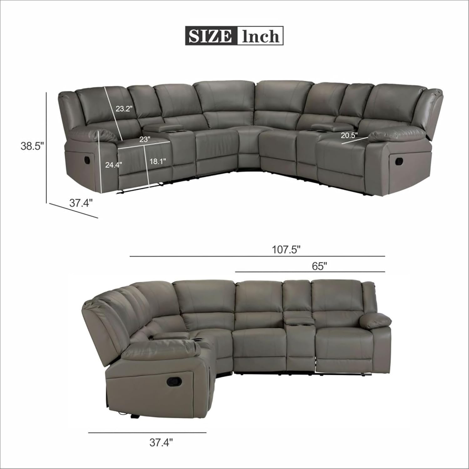 5-Seat L-Shape Sectional Sofa with 2 Manual Recliners and Consoles-Cup Holders, Storage, PU Leather, Easy Assembly, Comfortable for Living Room Apartment, Grey