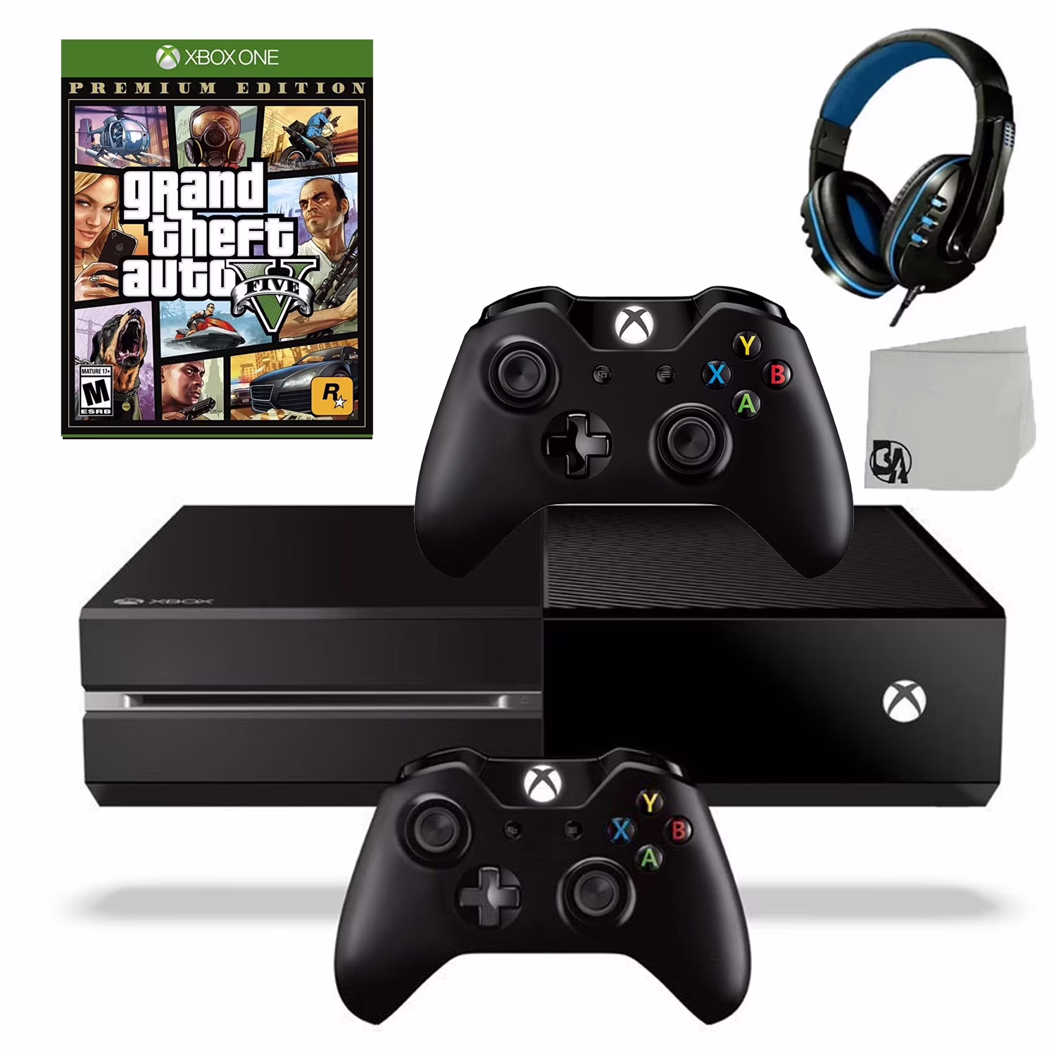 Pre-Owned Microsoft Xbox One Original 500GB Gaming Console Black Headset 2 Controller Included With GTA V Game BOLT AXTION Bundle