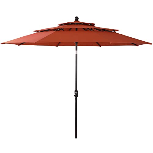 PHI VILLA 10ft 3 Tier Patio Umbrella, Outdoor Market Table Sun Shade Umbrellas for Backyard Deck Poolside, Auto-tilt