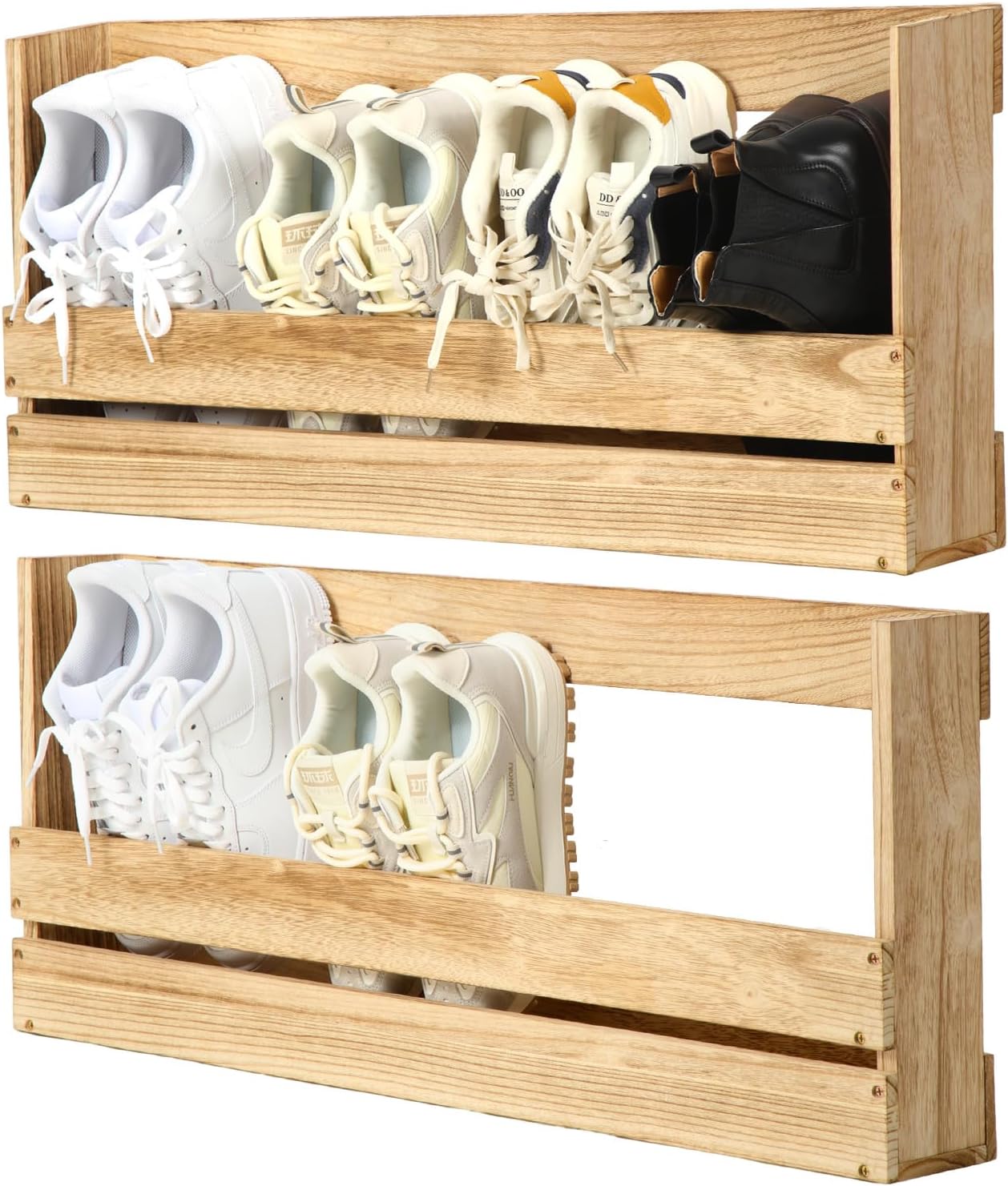 2 Pcs Wall Mounted Shoe Rack Wooden Shoe Rack Organizer Wall Shoe Holder Modern Compact Wood RV Shoe Storage for Sneaker Kid Footwear Slipper Boots Entryway Narrow Spaces Hallway(32'' Long)