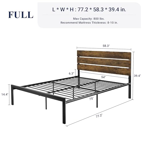 Allewie Queen Size Platform Bed Frame with Wooden Headboard and Metal Slats/Rustic Country Style Mattress Foundation/Box Spring Optional/Strong Metal Slats Support/Easy Assembly, Dark Brown