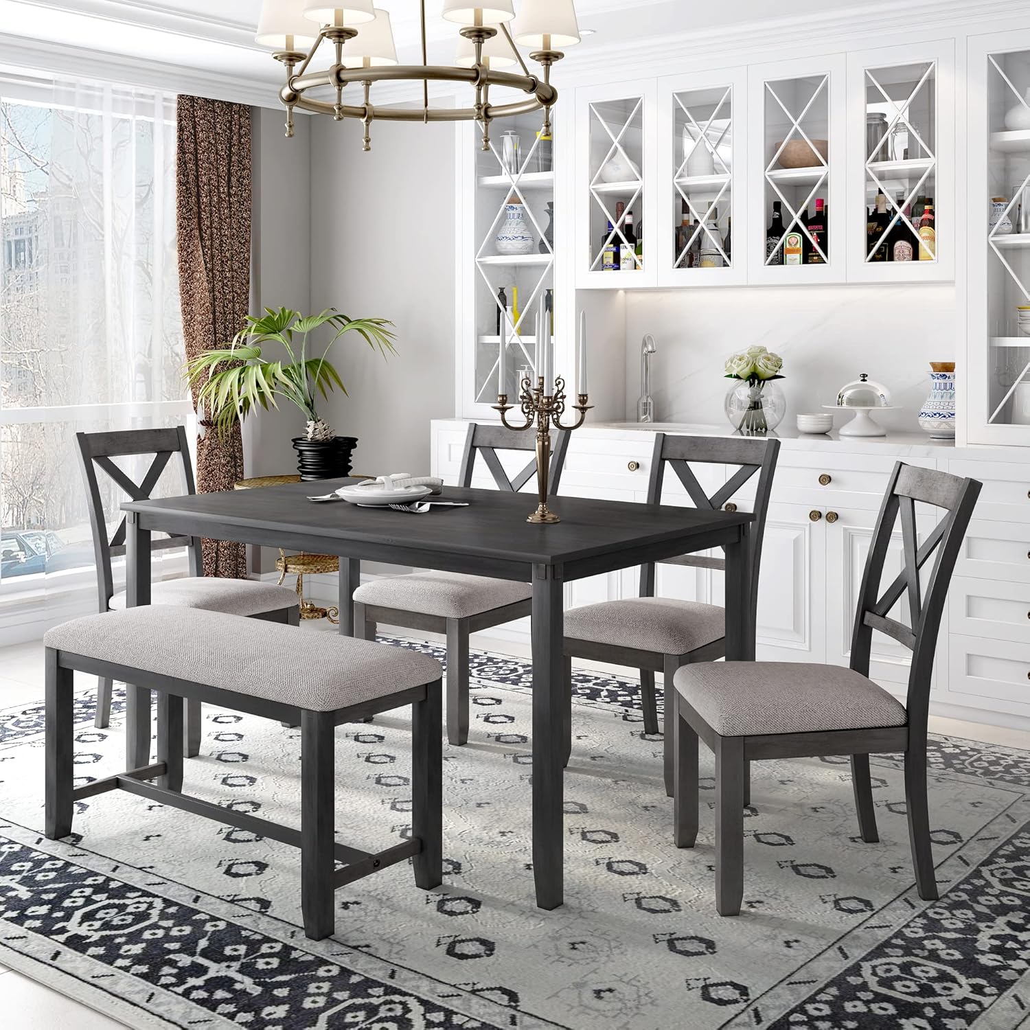 Harper & Bright Designs 6-Piece Dining Table Set, Kitchen Table Set for 6, Wooden Rectangular Dining Table and Chairs Set with Bench, Dining Room Set, Home Furniture (Grey+Grey, 6 Piece)