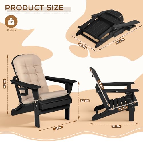 Adirondack Chair Set of 2 with Cushion & Cup Holder, HDPE Folding Adirondack Chairs with Wood-Like Grain Outdoor Fire Pit Chairs for Patio/Porch/Swimming Pool/Camping